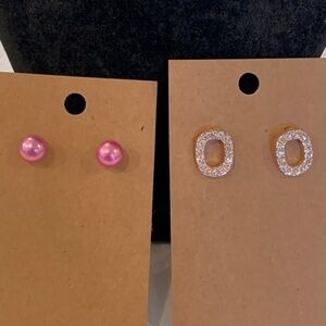💐5/25 two pair dainty feminine stud earrings pink Pearl oval halo crystal